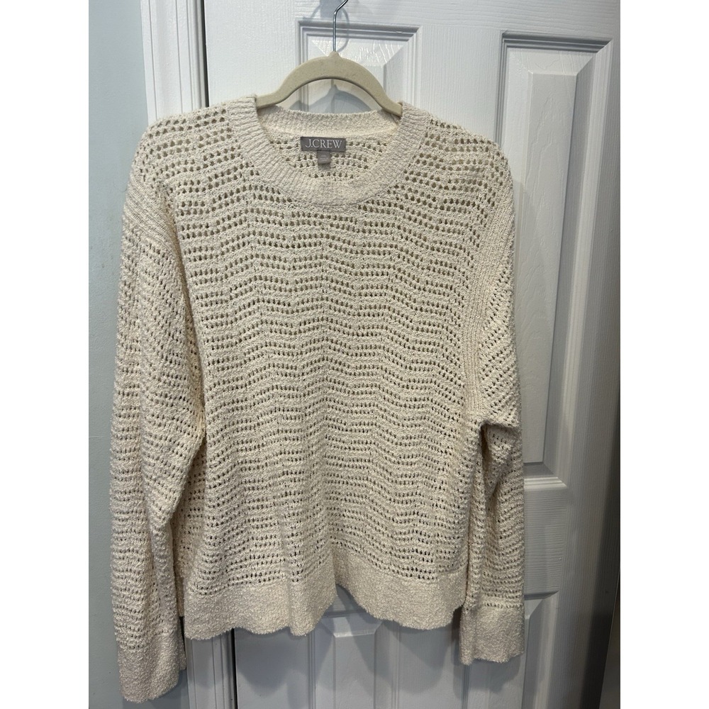J Crew Pointelle Knit Sweater  Antique White Lightweight Crochet Montauk Preppy